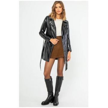 Palton dama  negru - piele ecologica - cu buzunare laterale si curea ajustabila