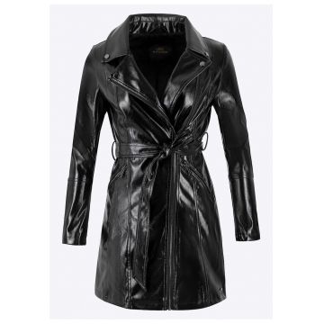 Palton dama  piele ecologica - negru - cu buzunare laterale si curea ajustabila -
