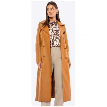 Palton dama  piele naturala - caramel - inchidere dubla - epoletii pe umeri