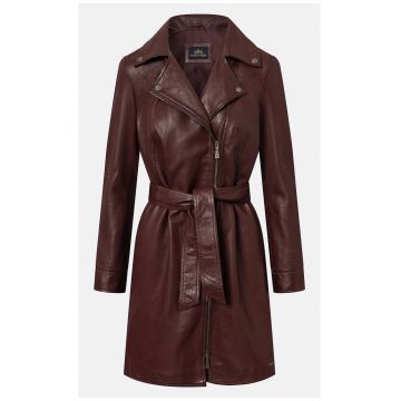 Palton dama  piele naturala - culoare bordo - cu curea si guler reversibil