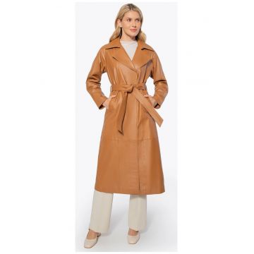 Palton dama -  piele naturala - lung - cu cordon - caramel