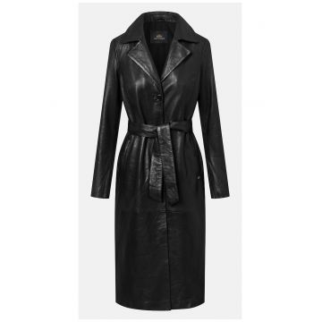 Palton dama -  piele naturala - negru - croiala lunga - guler rasfrant