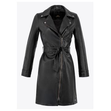 Palton dama  piele naturala - negru - cu curea - detalii metalice