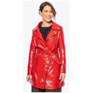 Palton dama -  rosu - piele ecologica - cu accente metalice - doua buzunare cu fermoar