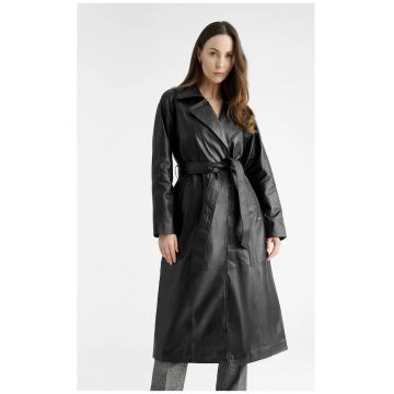 Palton de dama  piele naturala - negru - curea - croiala lunga