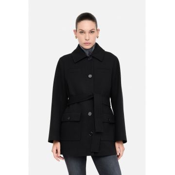 Palton din amestec de lana cu cordon - Negru