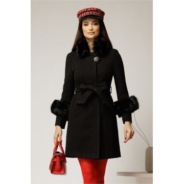 Palton negru din lana cu blanita detasabila si cordon in talie