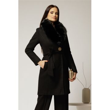 Palton negru elegant cu brosa si blanita detasabila
