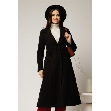 Palton negru midi elegant cu floare pe talie