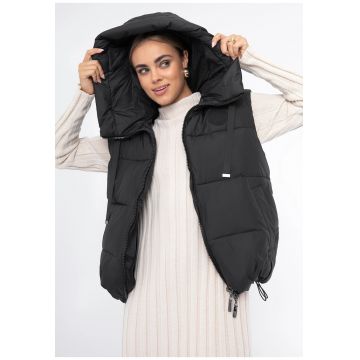 Vesta matlasata pentru femei -  oversized - cu gluga - neagra - poliester