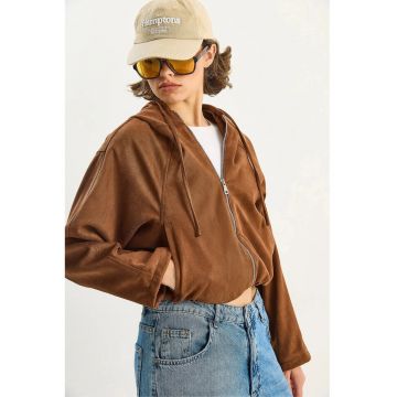 Geaca dama -  cu gluga - fermoar - maro - textil