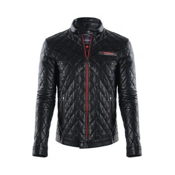 Geaca de piele pentru barbati  neagra matlasata 3XL neagra -