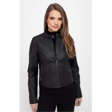 Jacheta dama - piele ecologica - fermoar - guler ridicat cu clapa -  J-Fittya - Negru