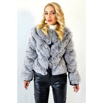 Jacheta dama Robertina, blana ecologica cu insertii piele si fermoar, Alb