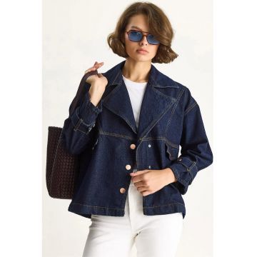 Jacheta denim cu guler si nasturi  albastru marin - poliester - pentru femei