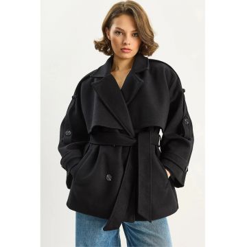 Palton dama -  cu doua randuri de nasturi - fleece - Negru -