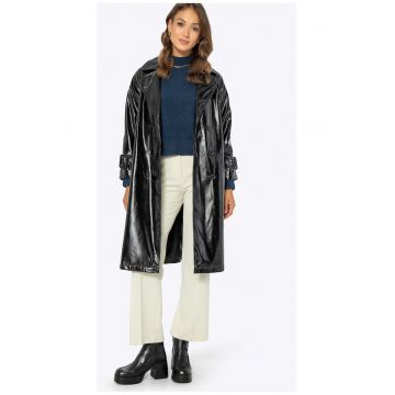 Palton dama  doua randuri de nasturi - curea reglabila - negru - piele ecologica