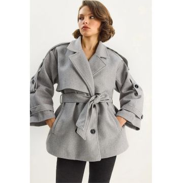 Palton dama -  LUCCI - doua randuri de nasturi - cu centura - fleece - Gri -