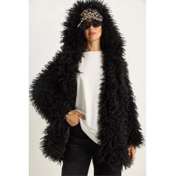 Palton dama -  supradimensionat - cu gluga - din blana artificiala - negru