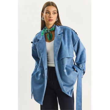 Palton dama  trenci midi - piele intoarsa artificiala - albastru