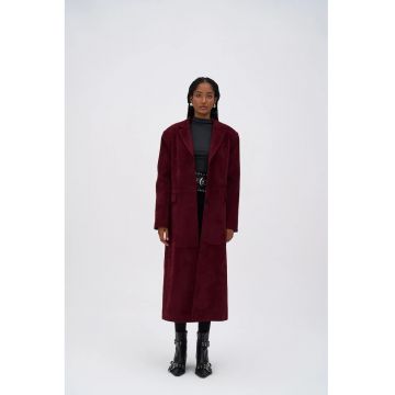 Palton dama -  trenci piele intoarsa - rosu burgundi - textil -