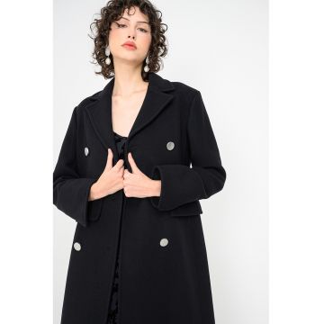 Palton lung din amestec de lana cu model cu doua randuri de nasturi Fenis