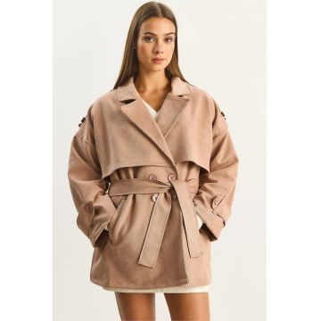 Trench dama -  midi - oversize - bej natural - piele intoarsa ecologica -