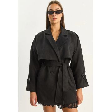 Trench dama  midi - piele intoarsa artificiala - negru