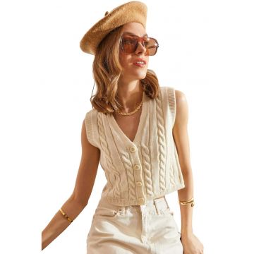 Vesta scurta -  Tricot - Crem - Decolteu in V -