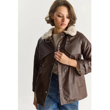 Geaca dama -  din piele artificiala cu blana - maro cafea - textil -