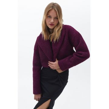 Haina crop de blana shearling sintetica cu revere ample