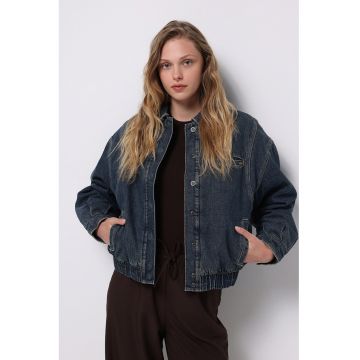 Jacheta din denim cu talie elastica si capse