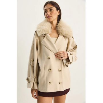 Palton dama  amestec de lana - guler din blana artificiala - bej natural