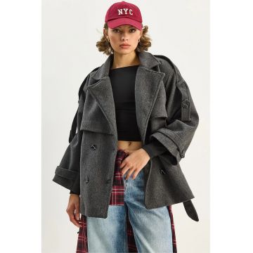 Palton dama -  palton dublu cu curea - fleece - Gri carbune -