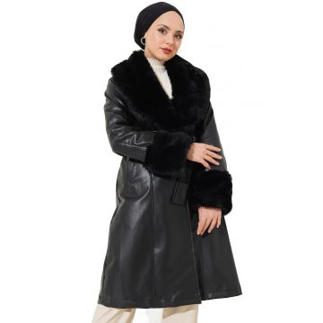 Palton dama -  Piele ecologica - Negru -