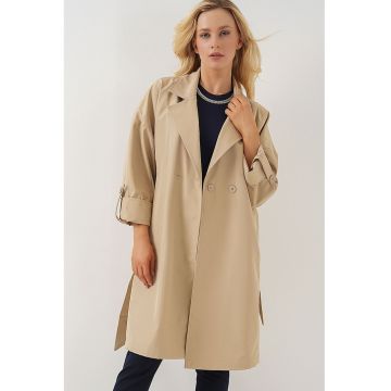 Palton dama -  trench din poliester cu model si guler sal - bej