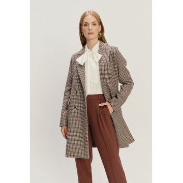 Palton din amestec de lana - cu model in carouri si revere decupate
