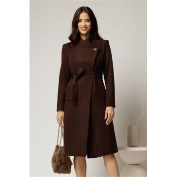 Palton elegant din stofa maro inchis cu nasture si cordon in talie