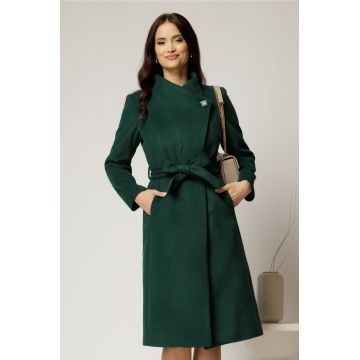 Palton elegant din stofa verde cu nasture si cordon in talie