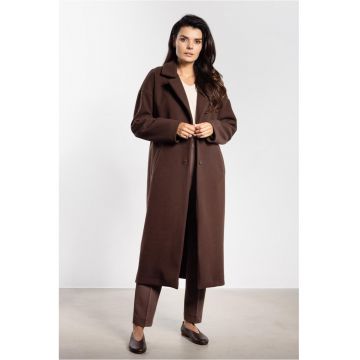 Palton lung cu buzunare oblice si revere decupate