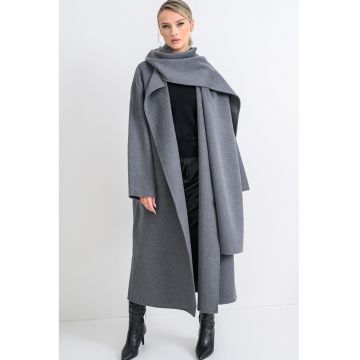 Palton lung din amestec de lana cu esarfa - fara inchidere