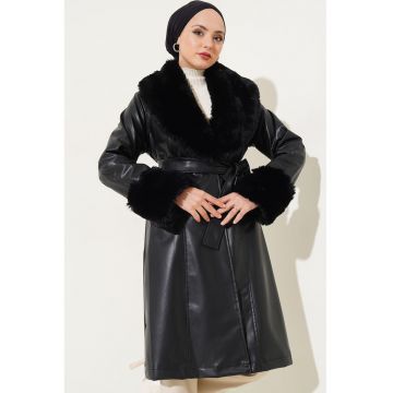 Palton lung din piele ecologica si blanita falsa