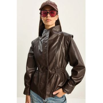Geaca dama -  jacheta supradimensionata din imitatie de piele - maro - textil