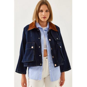 Geaca denim  model LUCCI - guler de catifea