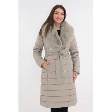 Geaca lunga bej cu blanita si maneci detasabile