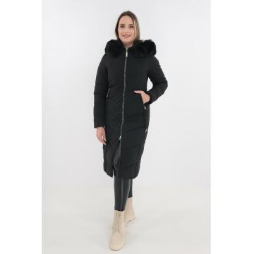 Geaca lunga neagra cu blanita la gluga