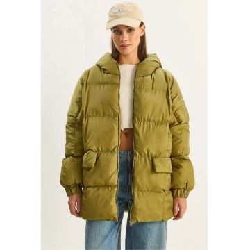 Geaca Puffer groasa supradimensionata cu gluga  verde - textil -