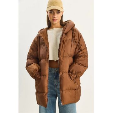 Geaca puffer supradimensionata - LUCCI - groasa - maro mocha - textil -