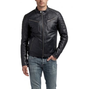 Jacheta barbati  piele de oaie - negru - guler ridicat - fermoar - 4 buzunare -