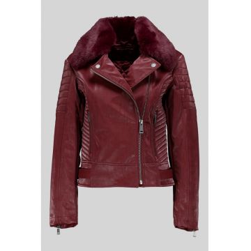 Jacheta biker slim-fit cu garnitura din blana sintetica